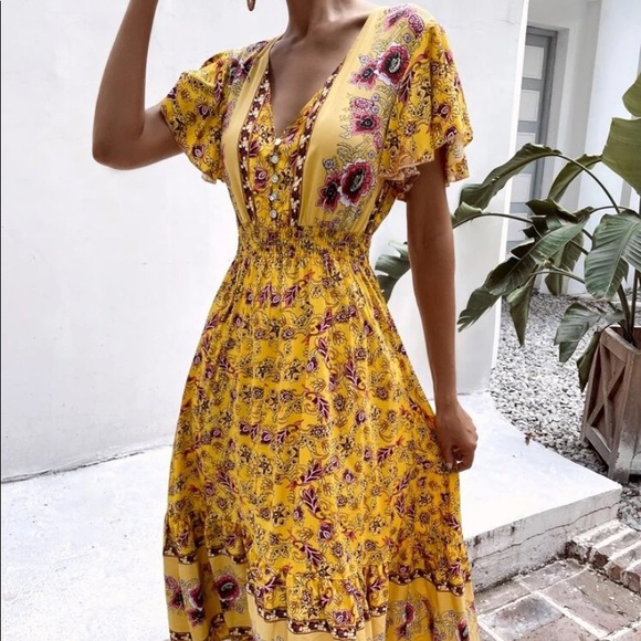 Boho floral V neck button ruffle dress - Picture 6 of 6